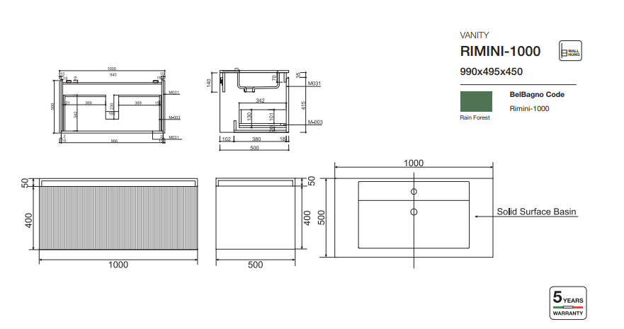 RIMINI Wall-Hung Vanity 1000mm drawing