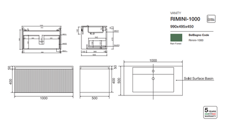 RIMINI Wall-Hung Vanity 1000mm drawing