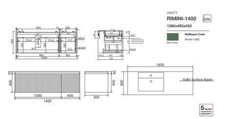 RIMINI Wall-Hung Vanity 1400mm drawing