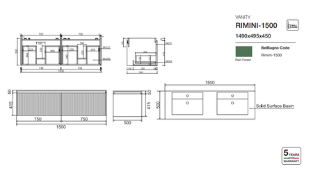 RIMINI Wall-Hung Vanity 1500mm Drawing