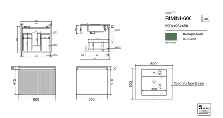 RIMINI Wall-Hung Vanity 600mm -drawing