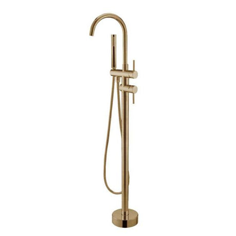 Round Freestanding Bath Mixer With Handheld Shower - Brushed Brass