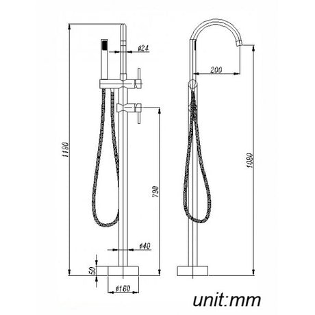Round Freestanding Bath Mixer With Handheld Shower - Chrome Technical Drawing
