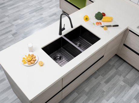 Round Corner Stainless Steel Gun Metal Grey PVD Coating Double Bowl Kitchen Sink (with Bottom Grid) - 770*450*215mm