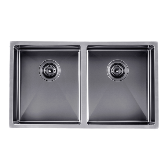 Round Corner Stainless Steel Gun Metal Grey PVD Coating Double Bowl Kitchen Sink (with Bottom Grid) - 770*450*215mm