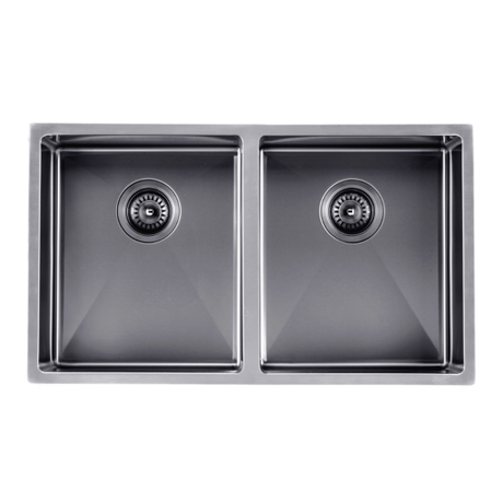Round Corner Stainless Steel Gun Metal Grey PVD Coating Double Bowl Kitchen Sink (with Bottom Grid) - 770*450*215mm