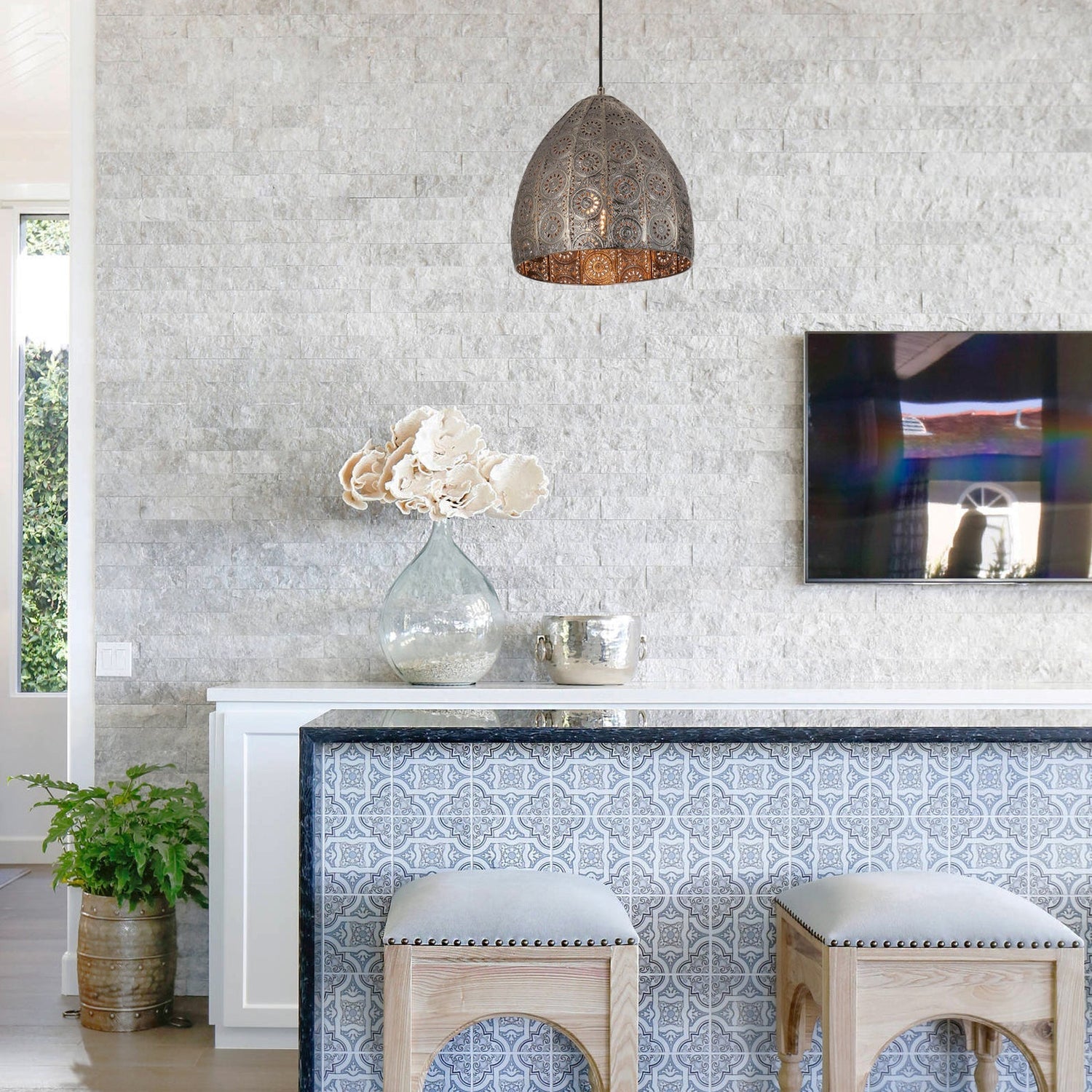SARI: Bohemian Interior Embossed Ellipse Aged Brass Steel Ombre Pendant Light