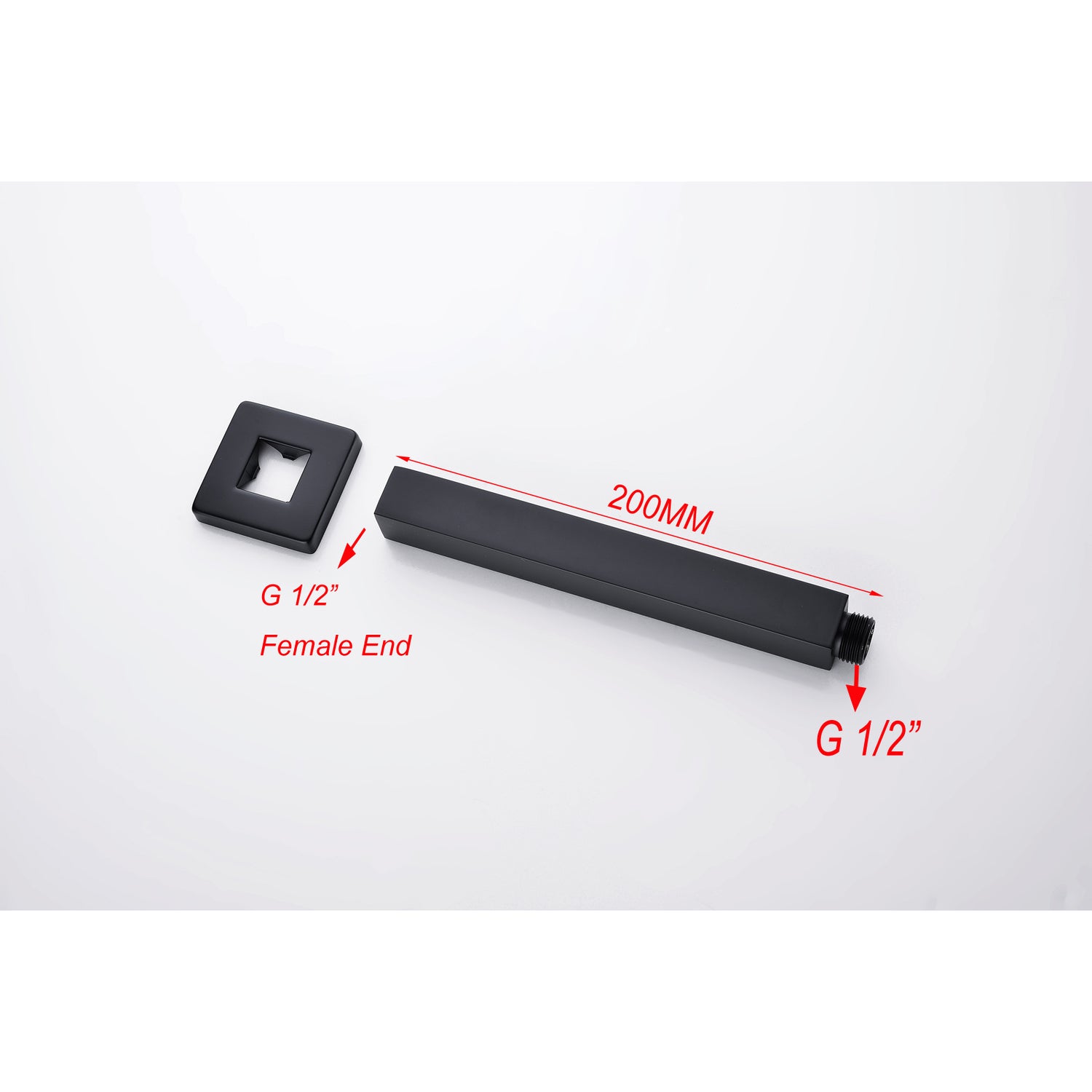 Cavallo Square Ceiling Shower Arm 200mm - Matte Black Technical Drawing