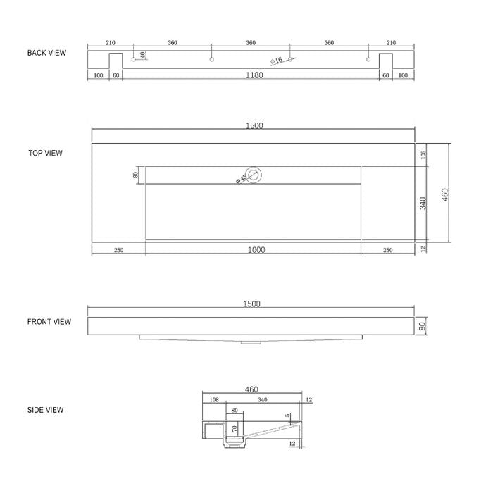 Moonlight Solid Surface Basin with Optional Mixer & Bottle Trap (Rectangle: 1500x460x80)