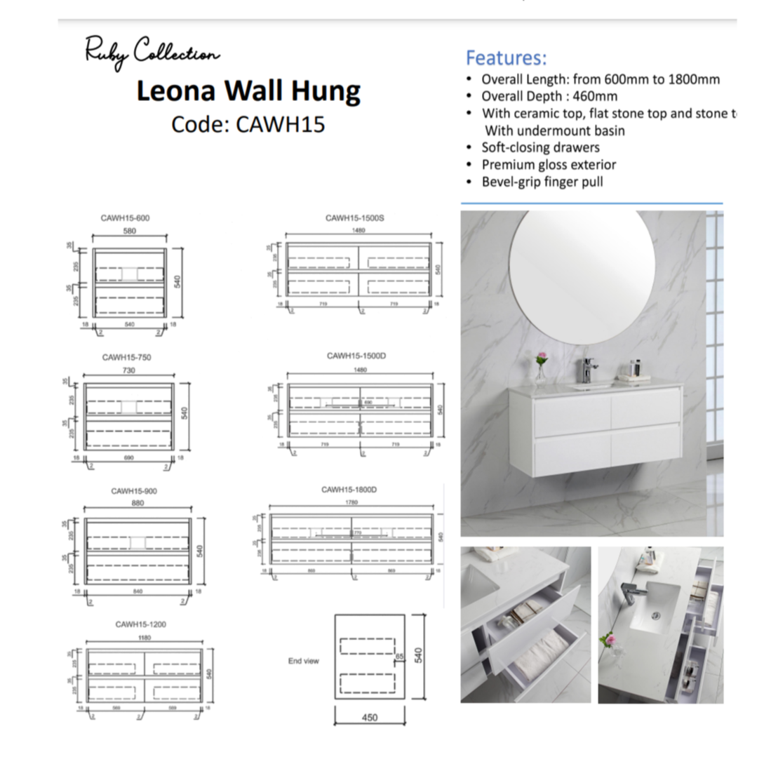 LEONA Wall Hung Vanity Gloss White (All Sizes)