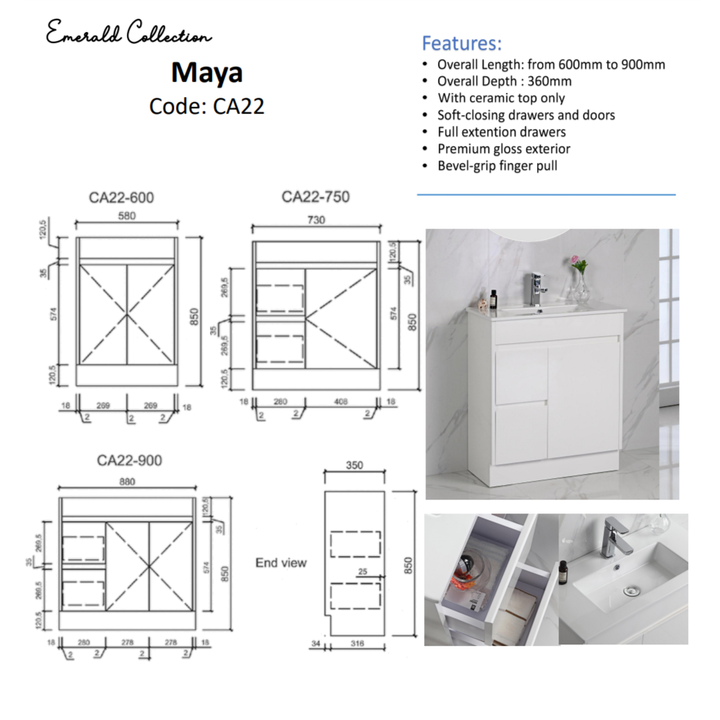MAYA Slim Free Standing Vanity Gloss White 600mm