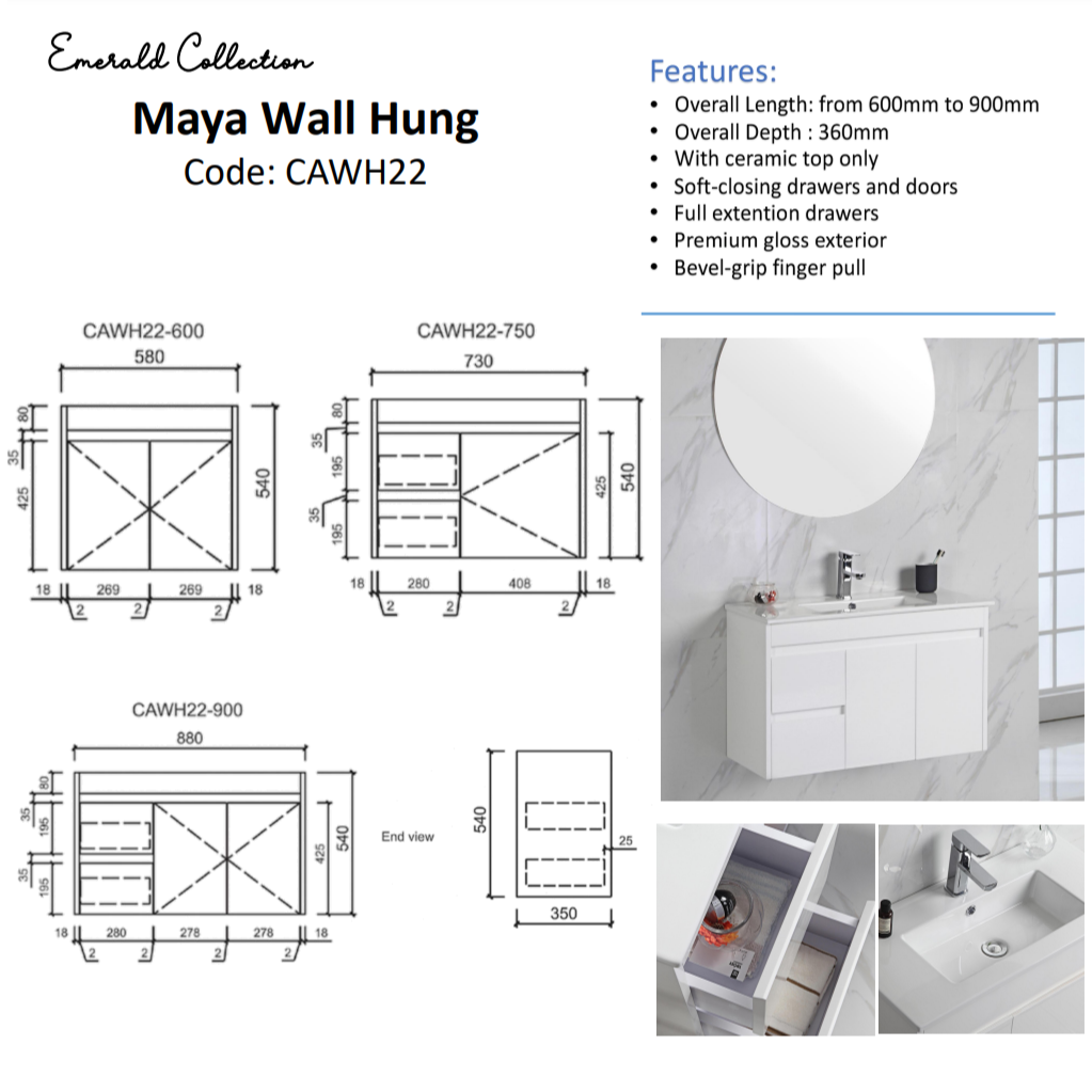 MAYA Slim Wall Hung Vanity Gloss White 600
