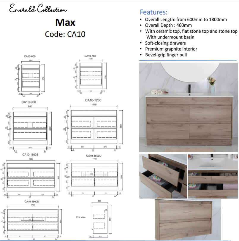 MAX MDF Wall Hung Vanity Max Oak (All Sizes)