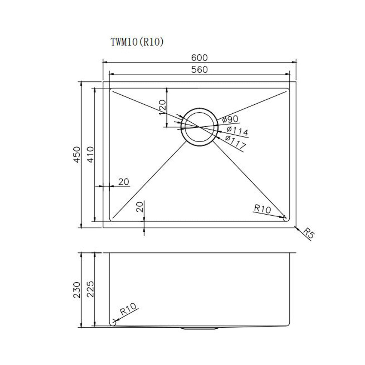 Single Bowl Handmade 304 Stainless Steel Sink II 600x450mm