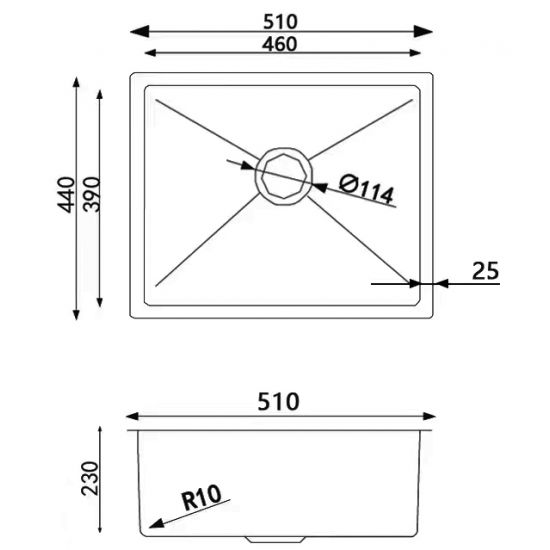 Single Bowl Top/Undermount Kitchen/Laundry Handmade 304 Stainless Steel Sink 510*440*230mm