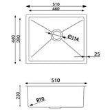 Single Bowl Top/Undermount Kitchen/Laundry Handmade 304 Stainless Steel Sink 510*440*230mm