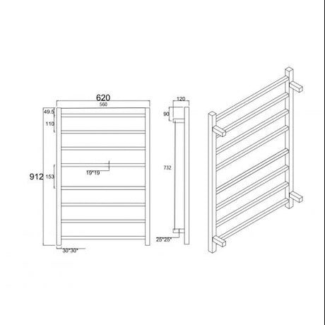 Square Electric Heated Towel Rack 8 Bars - Black Technical Drawing