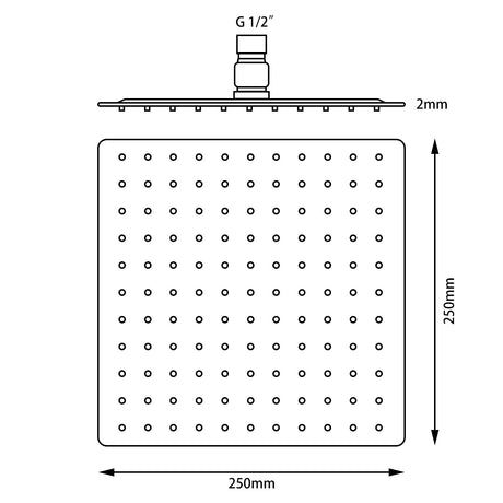 Super Slim Square Rainfall Shower Head 250mm - Black Technical Drawing