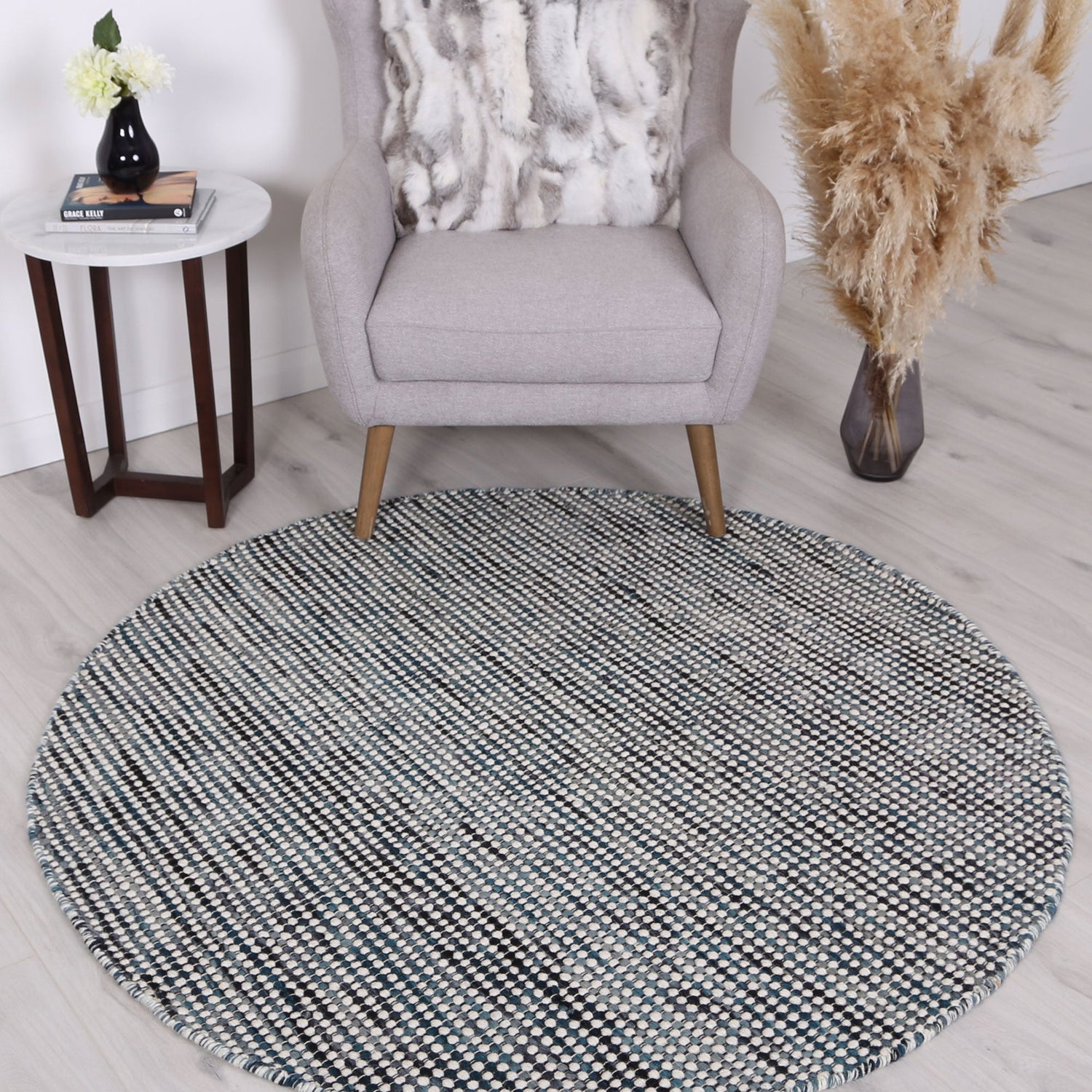 Nordic Teal Blue Reversible Wool Round Rug