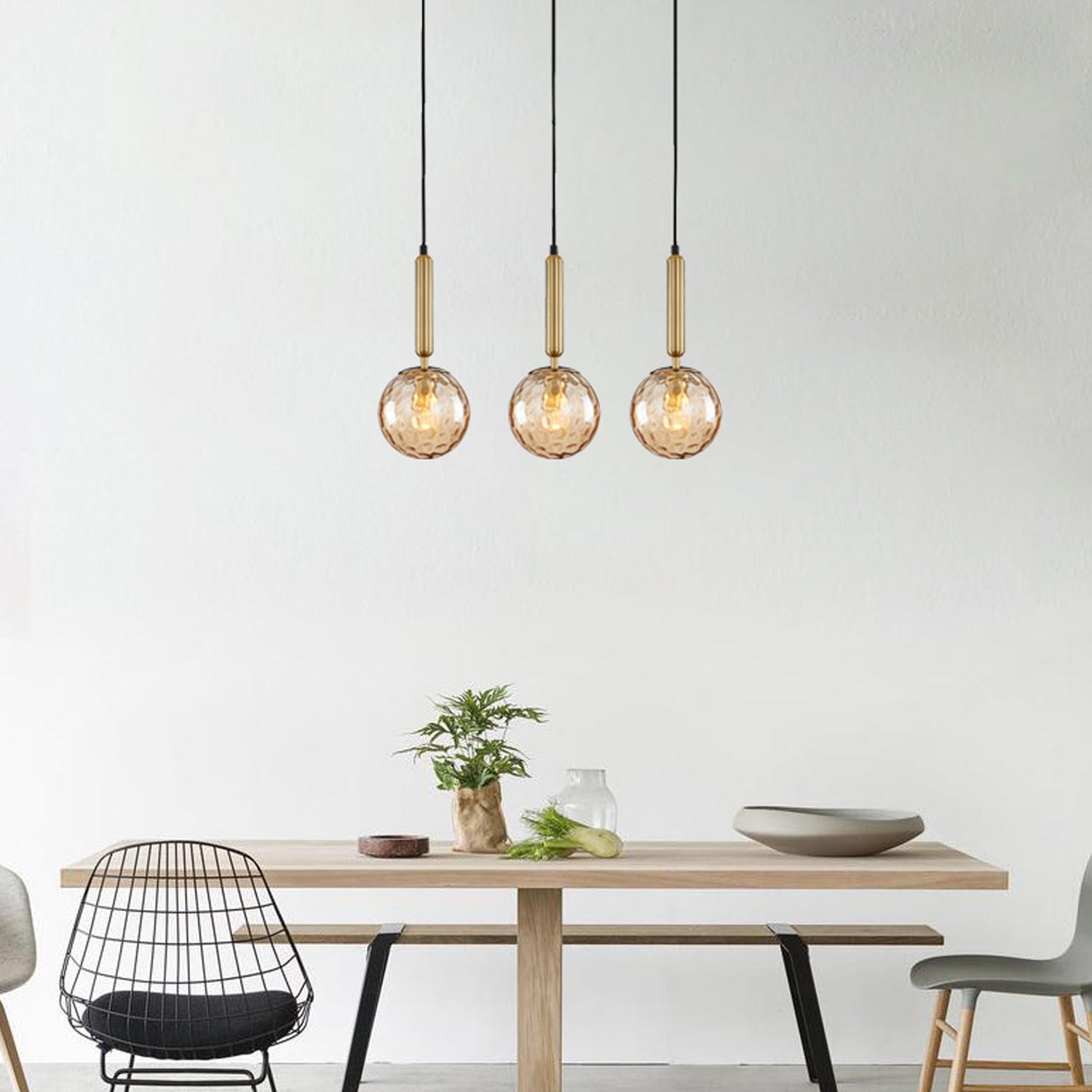 TRATTINO: Interior Bronze Amber /Black Smoke Spherical Glass Multiple Bar Base Pendant Lights