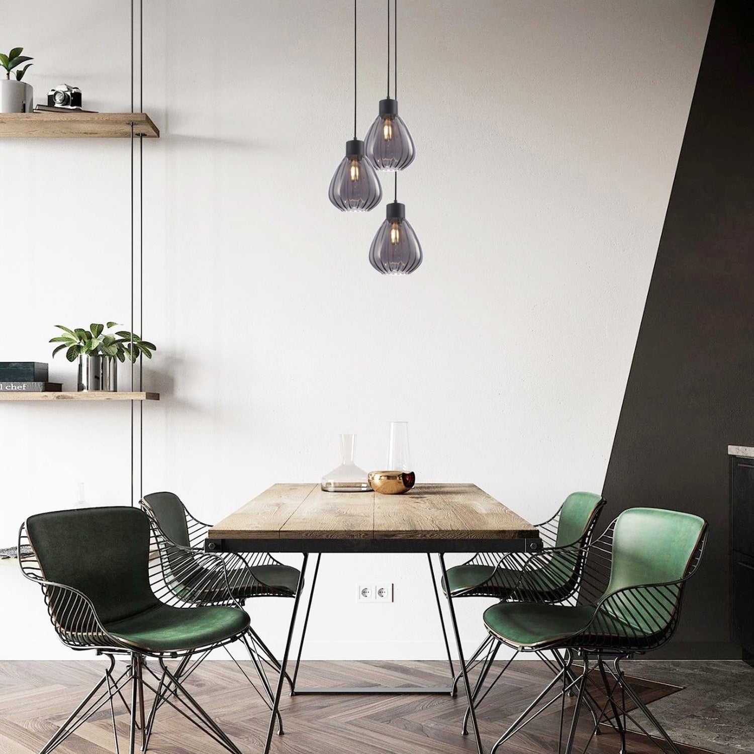 TULIP: Interior Bronze Amber / Black Smoke Wine Glass Ribbed Multiple Round Base Pendant Lights