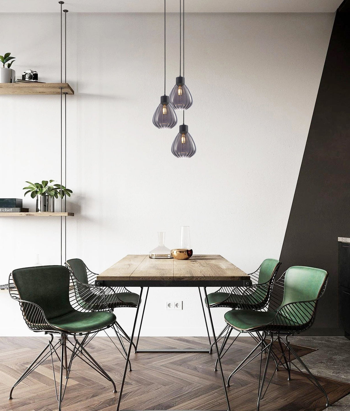 TULIP: Interior Bronze Amber / Black Smoke Wine Glass Ribbed Multiple Round Base Pendant Lights