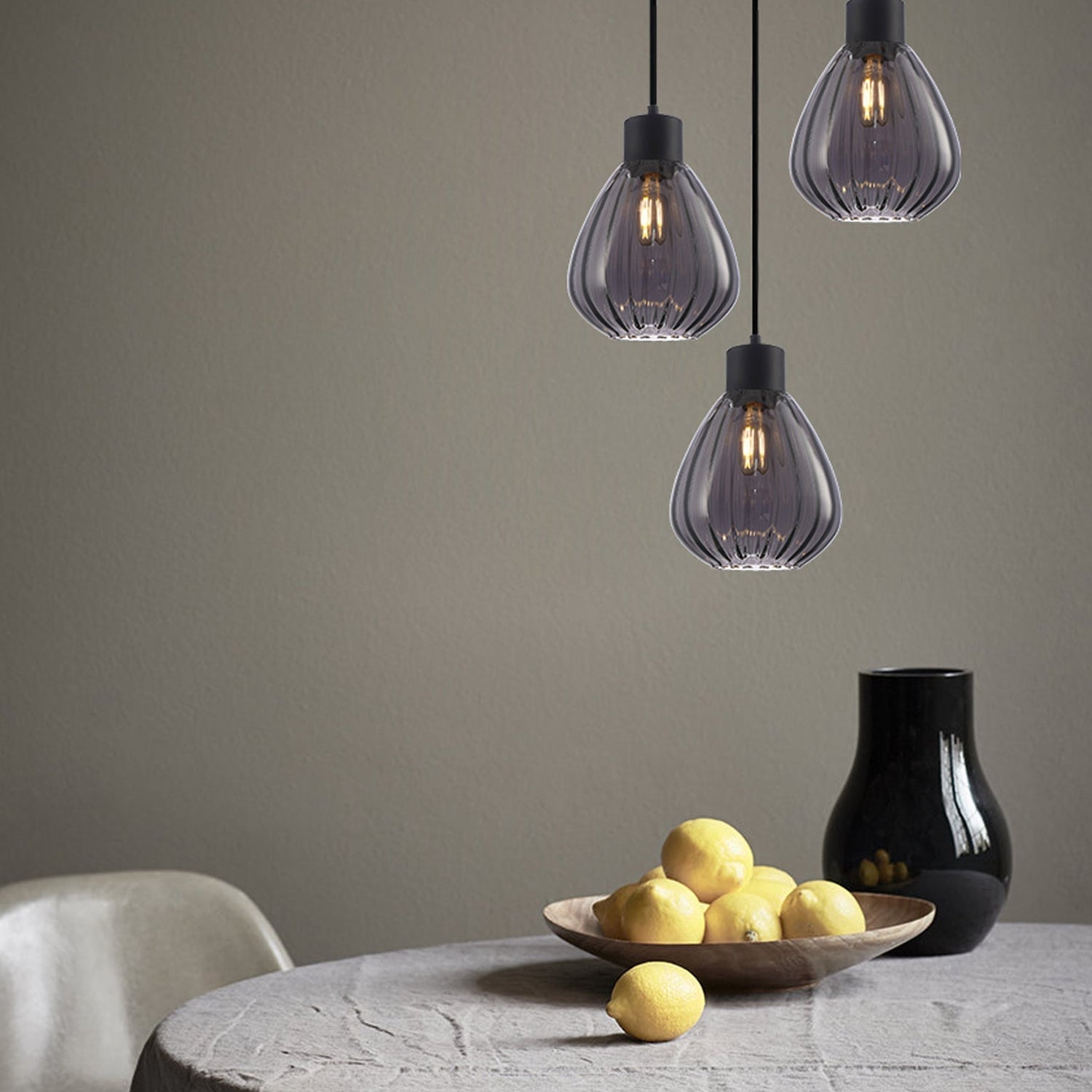 TULIP: Interior Bronze Amber / Black Smoke Wine Glass Ribbed Multiple Round Base Pendant Lights
