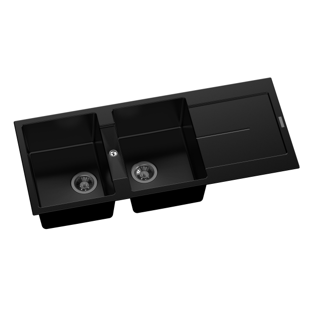 CARYSIL ENIGMA Black Granite Double Kitchen Sink with Drainboard 1160x500mm