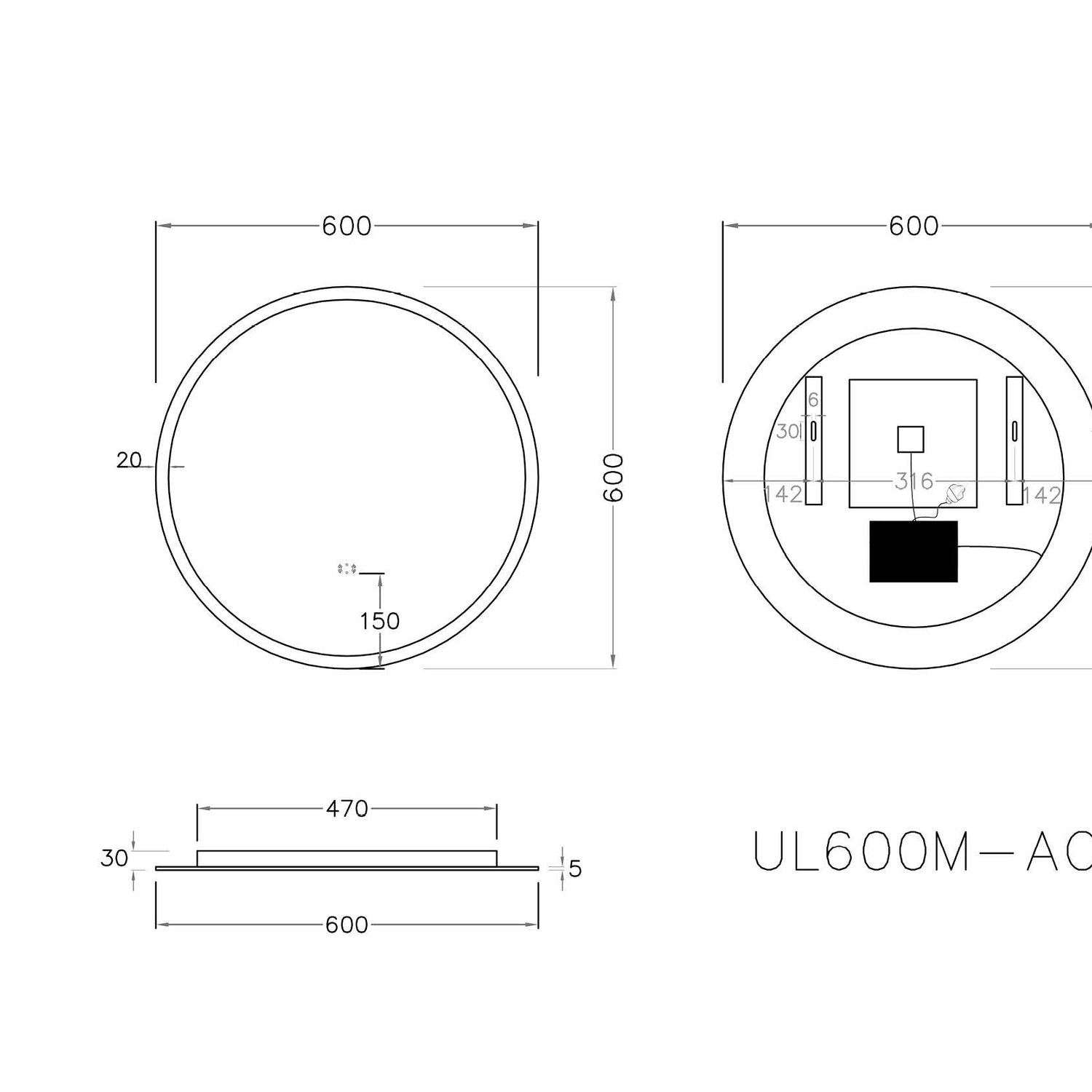 Poseidon Round LED Backlit Mirror With Acrylic Strip 600/700/800