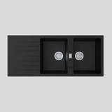 ARETE Black Granite Stone Double Kitchen Sink with Drainboard 1160x500x200mm