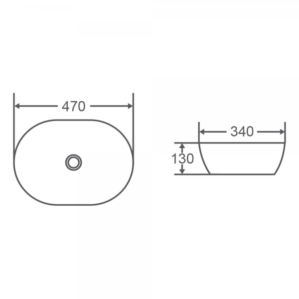 VALE Oval Counter Top Basin 470x340mm Specification Drawing