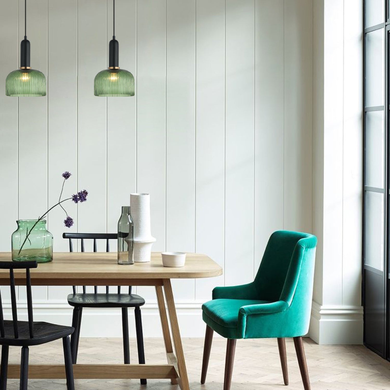 VINTAJ: Retro Interior Dome Shape Ribbed Glass Pendant Lights