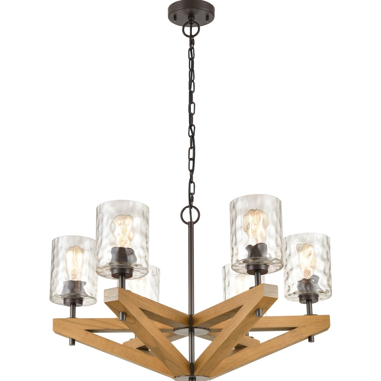 VOTIF: Retro Interior Candelabra Oak Wood with Clear Blown Dimpled Glass Pendant Light