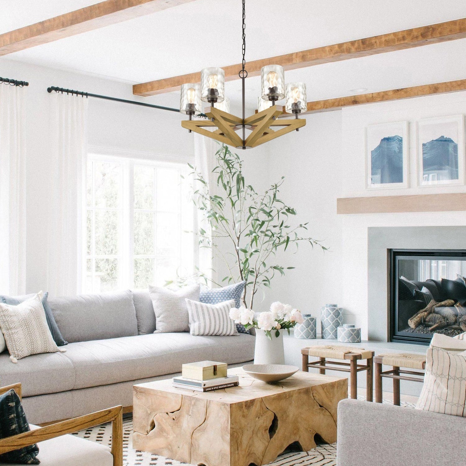 VOTIF: Retro Interior Candelabra Oak Wood with Clear Blown Dimpled Glass Pendant Light