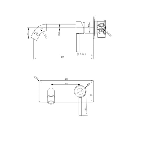 Pentro Wall Mixer With Round Spout - Brushed Brass Technical Drawing