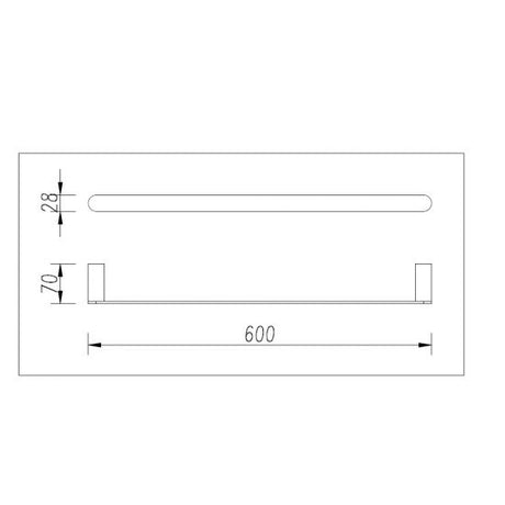 Bellino Solid Brass Single Towel Rail 600mm - High Gloss Black Technical Drawing