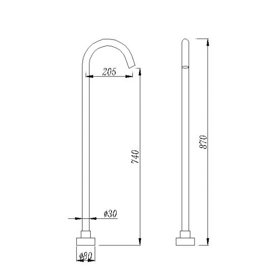 Pentro Round Stainless Steel Freestanding Bath Spout - Chrome Technical Drawing