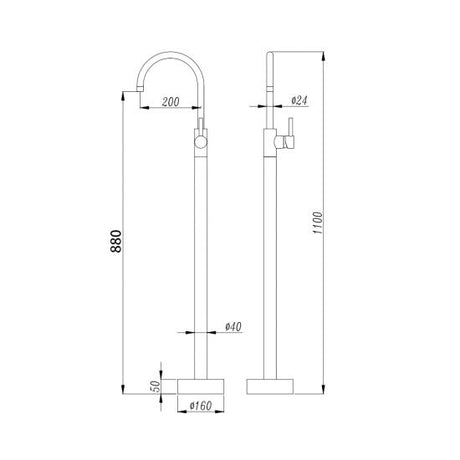 Pentro Round Solid Brass Freestanding Mixer - Chrome Technical Drawing