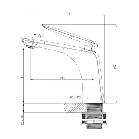 Bellino Basin Mixer - Brushed Nickel Technical Drawing