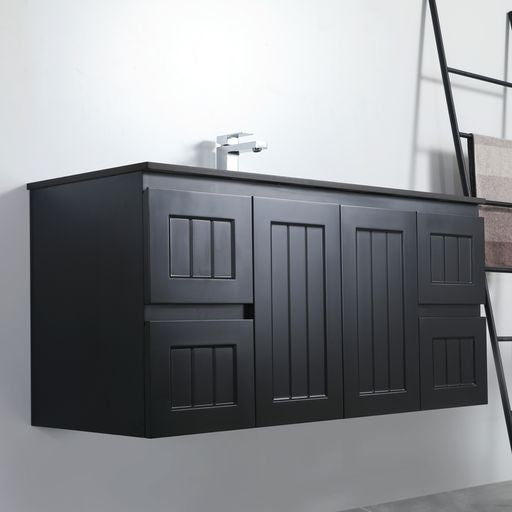 ACACIA SHAKER Matte Black PVC Wall Hung Vanity 1200 (Double Bowl)