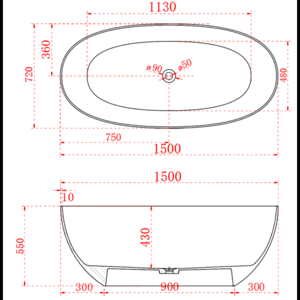 Transparent Noto Oval shape freestanding bathtub with Non-Overflow (1500/1700mm)