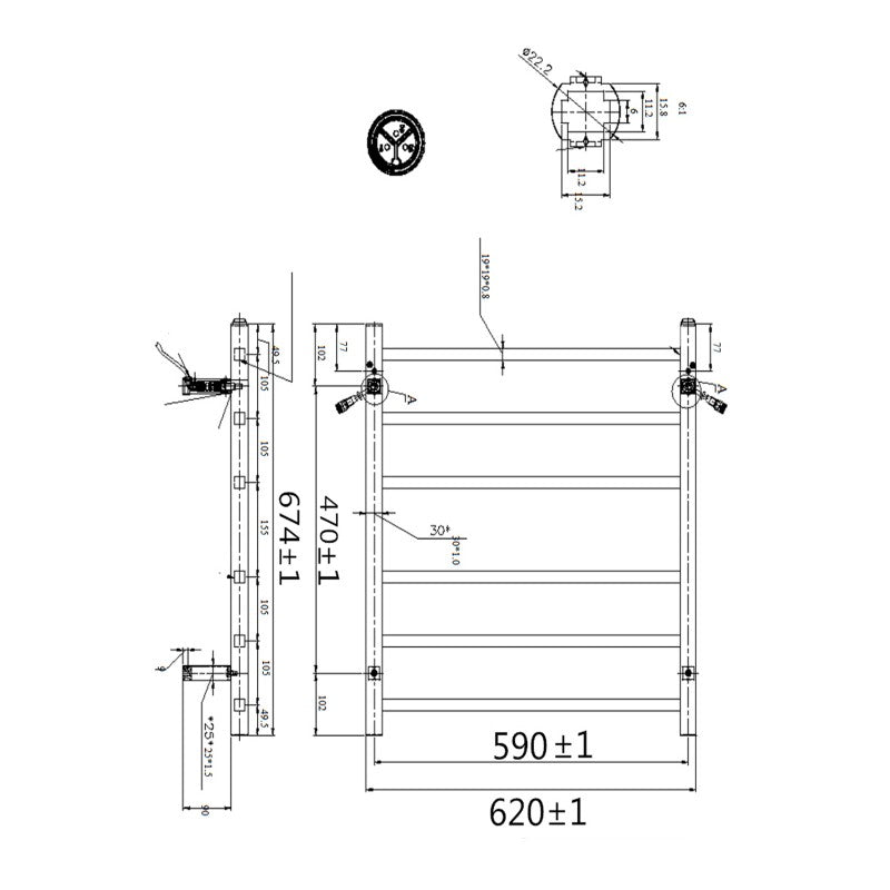 Square Electric Heated Towel Rack 6 Bars - Chrome Technical Drawing