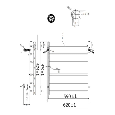 Square Electric Heated Towel Rack 6 Bars - Chrome Technical Drawing