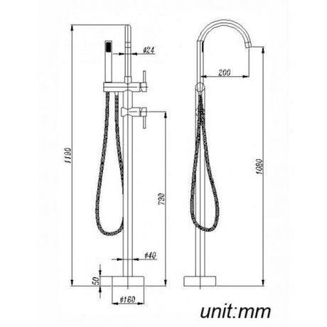 Pentro Round Freestanding Bath Mixer With Hand Held Shower - Chrome Technical Drawing