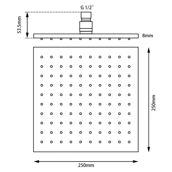 Cavallo 250mm Soild Brass Shower Head - Brushed Gun Metal Technical Drawing