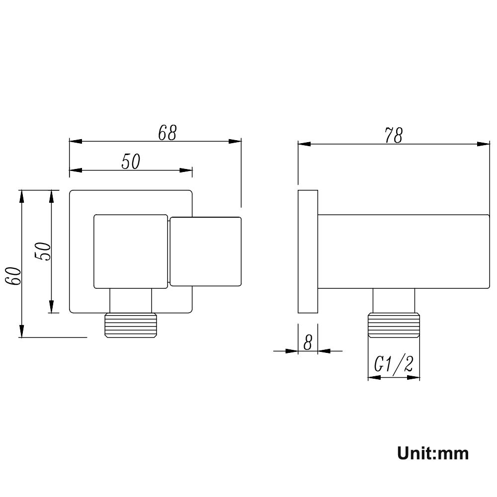 Esperia Square Shower Holder Wall Connector Hose - Brushed Gun Metal Technical Drawing