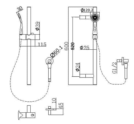 Pentro Round Handheld Shower Rail Set - Brushed Nickel Technical Drawing