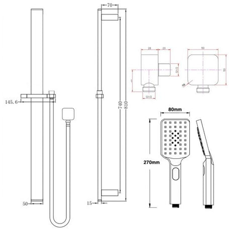 Bellino Square Handheld Shower Rail Set - Brushed Gun Metal Technical Drawing