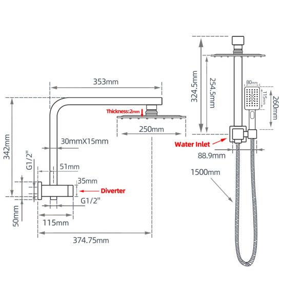 AQU 10" Square Shower Station Top Water Inlet - Black Technical Drawing