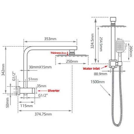 AQU 10" Square Shower Station Top Water Inlet - Black Technical Drawing